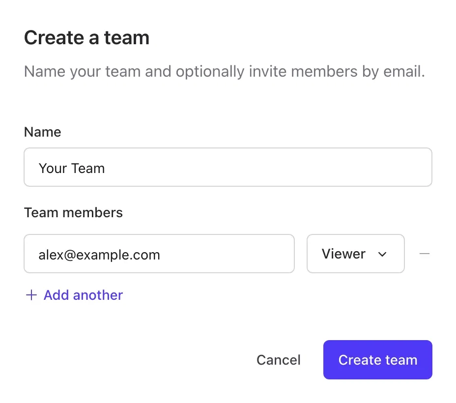 Plausible team setup page with a team name, a team member invite and the Create team button
